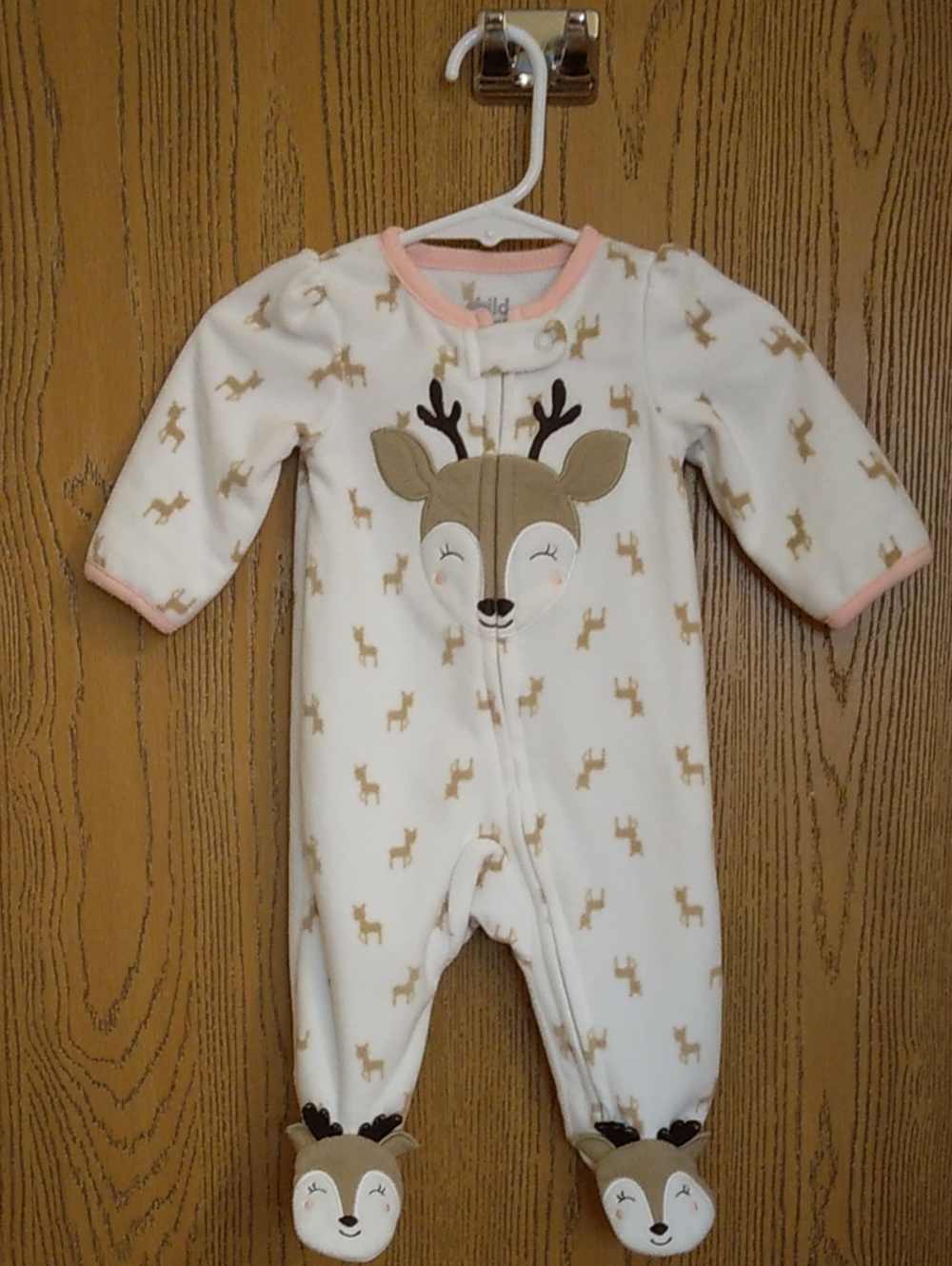 child of mine By Carters Cream Fleece Deer Footed One-Piece with Pink Trim